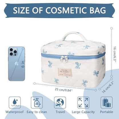 Gosect Large Makeup Bag, Cute Cosmetic Bag for Women Girls, Floral Coquette Aesthetic Toiletry Bag, Travel Make Up Organizer Bag (White Blue Butterfly Flower) - color: 080White Blue Butterfly Flower
