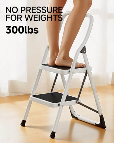 SOLADDER 2 Step Stool, Folding Step Ladder with Wide Anti-Slip Pedal & Safety Lock, Step Stool for Kitchen, Bathroom, Office, 300lbs Capacity - size: 2 Step