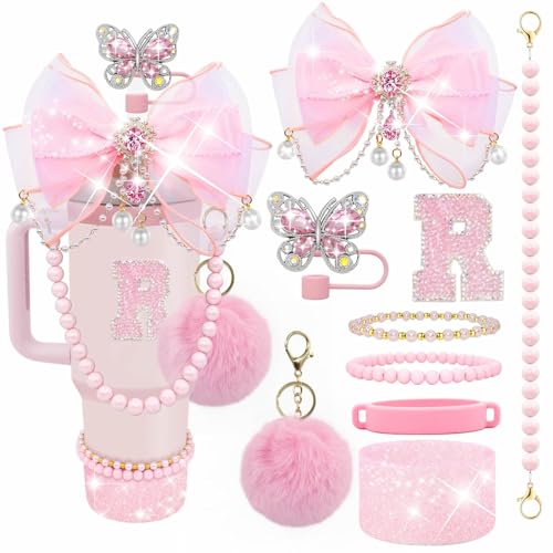 Letter Stickers Bling Accessories Set for Stanley 40/30/20 oz Tumbler: Bow Straw Topper, Charms, Butterfly Cap, Pearl Strap, Silicone Boot, Accessories for Stanley Quencher H2.0 - color: Pink Peony, style: R
