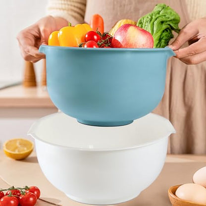 Nesting Plastic Mixing Bowls, Set Of 3, 1.5 quart, 2 quart, 2.5quart, Nesting Bowls with Non Slip Base and Easy Pour Spout, Dishwasher Safe - color: Blue Grey white