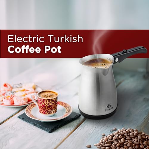 ETHNIQ Turkish Coffee Pot - Stainless Steel, 120V, 1 to 4 Cup Capacity, Fast Brewing, Delicious Cup of Turkish, Arabic & Greek Coffee Maker with Foldable Handle for Home & Travel & on-off Button - color: Fast Brew