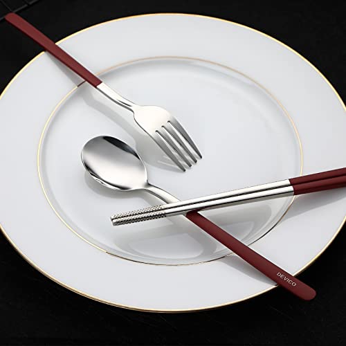 DEVICO Travel Utensils, 18/8 Stainless Steel 4pcs Cutlery Set Portable Camp Reusable Flatware Silverware, Include Fork Spoon Chopsticks with Case (Red) - color: Red
