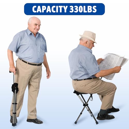 FATTCHIAR Cane with Seat, Cane Chair Capacity 330lbs, Adjustable Height Folding Lightweight Walking Stick with Seats, Portable Stool for Adults Seniors Hiking Camping