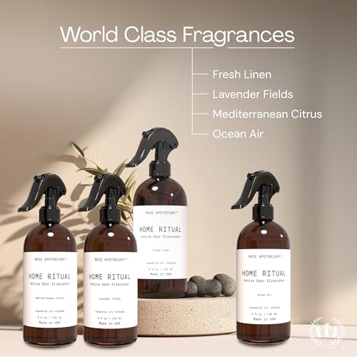 Muse Apothecary Home Ritual Active Odor Eliminator Spray - Furniture Deodorizer Spray & Bathroom Odor Eliminator for Home - Essential Oil Air Freshener - 4oz, Fresh Linen - size: 4 Fl Oz (Pack of 1)