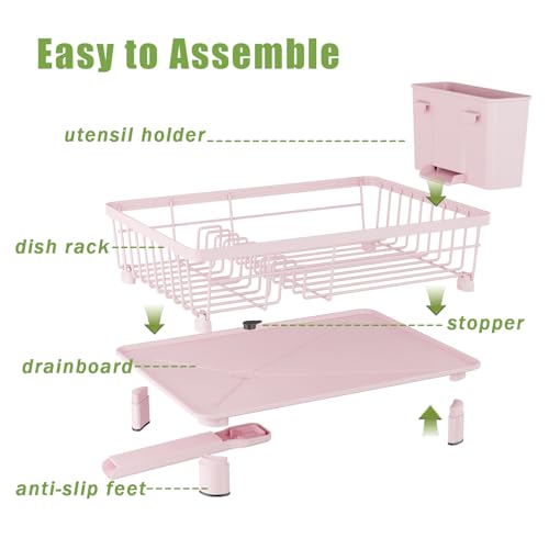 Dish Drainer Rack with Drip Tray, Sink Dish Drainer with Drainage Spout, Stainless Steel Dish Drying Rack with Cups, Utensil & Cutting Board Holders for Kitchen Counter Space-Saving, Pink - color: Pink