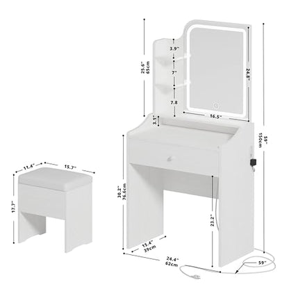 LIKIMIO Small Makeup Vanity Desk with Mirror and Lights, Vanity Table Set with Storage Drawer, Chair and Three Shelves, Bedroom, White - color: White
