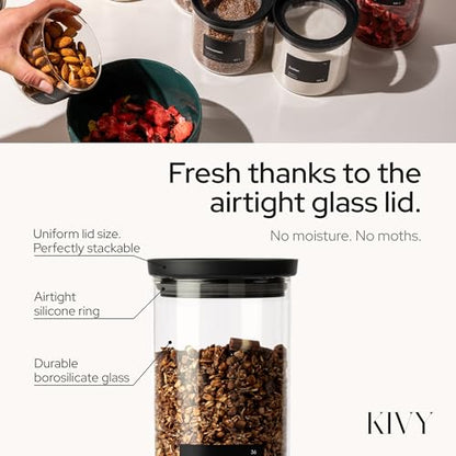 KIVY Glass spice jars transparent Glass Lid [6x 12oz] Stackable & Airtight small glass jars - Spice containers - Seasoning jars tea - Spice storage containers - Spice jars with black lids & labels - size: 12oz * 6