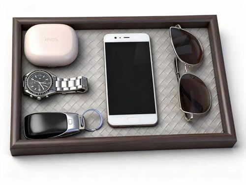 Wooden Valet Tray with Leather Base - Nightstand Catchall Organizer for Cologne, Perfume, Keys, Wallet, Phone, Watch, Jewelry & Sunglasses (Llight Gray) - color: Llight Gray