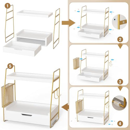 2-Tier Bathroom Counter Organizer with Drawer and Basket, Wood Vanity Countertop Storage for Perfume, Makeup, Skincare, Bathroom Counter Shelf, 13" x 7.9" x 14.5", White Gold - color: White Gold