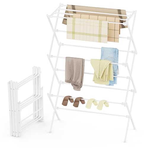 Drying Rack Clothing, 3-Tier Clothes Drying Rack Foldable, Antirust Laundry Drying Rack Collapsible Use for Indoor & Outdoor, 11.8" D x 34.6" W x 35.4" H, White - color: White