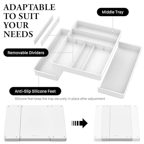 Simple Houseware Expandable & Adjustable Cutlery Drawer Organizer - Large Utensil and Flatware Tray for Kitchen Drawers, White - color: White