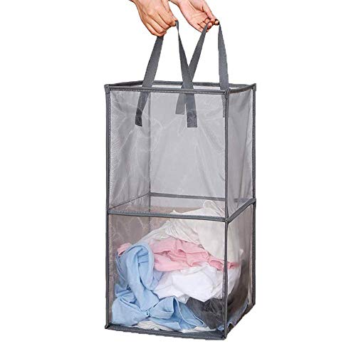Pop Up Laundry Baskets - Mesh Collapsible Laundry Hampers Storage with Handle - Foldable for Washing Storage, Great for The Kids Room, College Dorm, Travel Organizer (Grey/Double Layer) - color: Grey/Double Layer