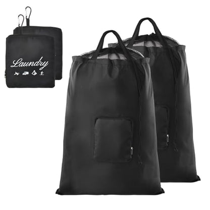 Travel Laundry Bags, 2Pcs JHX Foldable Dirty Clothes Bag 【Upgraded】 with Fixed Drawstring Net, Handles and Carabiner, Portable Laundry Bags for Travel and Fitness (Dark-Black) 30"H x 21"W - color: Dark-black