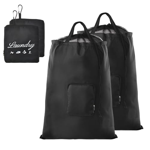 Travel Laundry Bags, 2Pcs JHX Foldable Dirty Clothes Bag 【Upgraded】 with Fixed Drawstring Net, Handles and Carabiner, Portable Laundry Bags for Travel and Fitness (Dark-Black) 30"H x 21"W - color: Dark-black