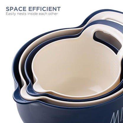 Rae Dunn Non-Slip Mixing Bowls - 4 Piece Nesting Plastic Mixing Bowl Set with Pour Spouts and Handles-Measurement Markings (Cream) - color: Cream