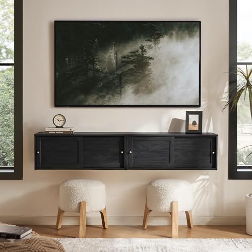mopio Lauren Floating TV Shelf, Multi-Purpose Modular Under TV Display Shelf, Wall Mounted Wood Television Cabinet, Nightstand, Side Table, End Table, Bedside Shelves for Bedroom (Black, 31", Single) - color: Black, size: Single