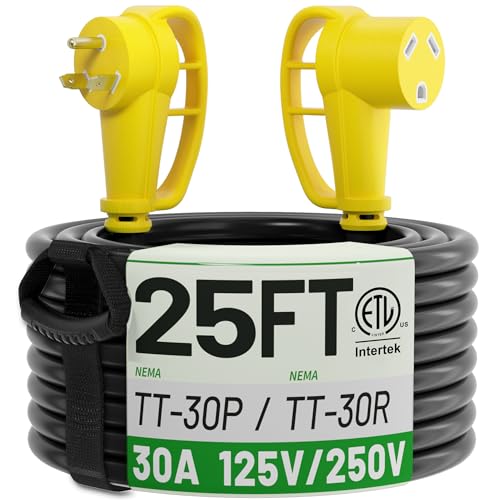 POWGRN 30 Amp RV Extension Cord 25 FT Outdoor with Grip Handle, Flexible Heavy Duty 10/3 Gauge STW 3 Prong RV Power Cord Waterproof, NEMA TT-30P to TT-30R, Black-Yellow, ETL Listed - size: 25 FT, style: 30 AMP (TT-30P/R)