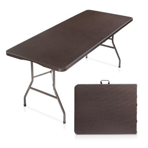 VINGLI 6 Foot Plastic Folding Table Portable Long Table for Indoor Outdoor Use Rectangular with Carrying Handle,Rattan Patterned HDPE Tabletop, Brown - color: Brown, size: 6 ft