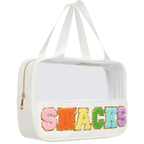 Snacks Bag Clear Chenille Varsity Letter Zipper Pouch Travel Makeup Bag Aesthetic Storage Organizer Pouches for Women with Glitter Patch Letters - color: White