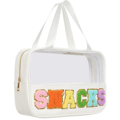 Snacks Bag Clear Chenille Varsity Letter Zipper Pouch Travel Makeup Bag Aesthetic Storage Organizer Pouches for Women with Glitter Patch Letters - color: White