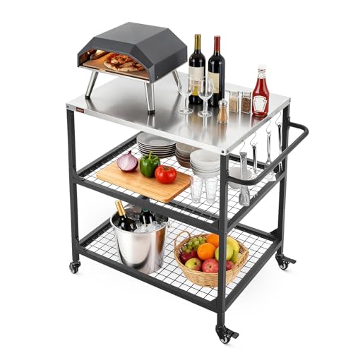 VEVOR Outdoor Grill Cart, 31.5 x 24.0 inch Stainless Steel Tabletop Size Grilling Table, Outdoor Cooking Table with 4 Wheels & Side Handle, Two Mesh Shelves, BBQ Prep Tables for Patio, Garden - color: Black, size: 35.83"D x 24.02"W x 34.06"H