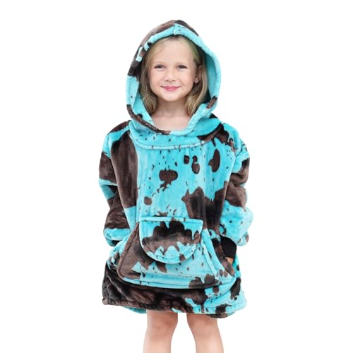 cow print Turquoise Wearable Blanket Hoodies for Kids Gifts for 2-5 Year Old Boys Girls, Soft Fleece Teal Blue Sweatshirt Blanket with Pocket - color: Black Blue, size: Kids-S
