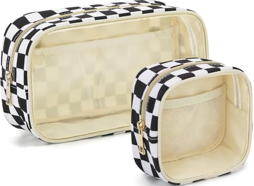 Fammart Clear Travel Makeup Bag for Women, TSA Approved Checkered Cosmetic Bag Make Up Car Organizer Case with Zipper, Large Waterproof Pouch Purse Toiletry Bag for Skincare, Brushes Travel Essentials - color: Clear, 2PCS - Black Checkered