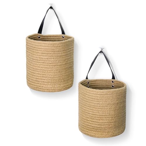 MEGASKET 2 Pack Hanging Basket, Small Wall Baskets for Organizing, Wicker Boho Wall Decor Set, Indoor Hanging Plant Holder, Rattan Woven Organizer for Home Decor, Farmhouse Storage Bin, Jute - color: Jute
