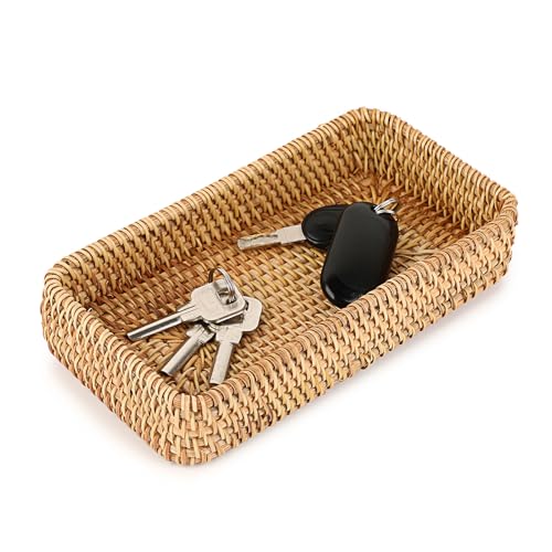Hipiwe Key Basket for Entryway Table Natural Rattan Serving Tray Small Wicker Trays for Decor Fruit Bowl Decorative Baskets for Kitchen,Coffee Table - color: Natural Color, size: 8.3" x 4.7" x 1.6"