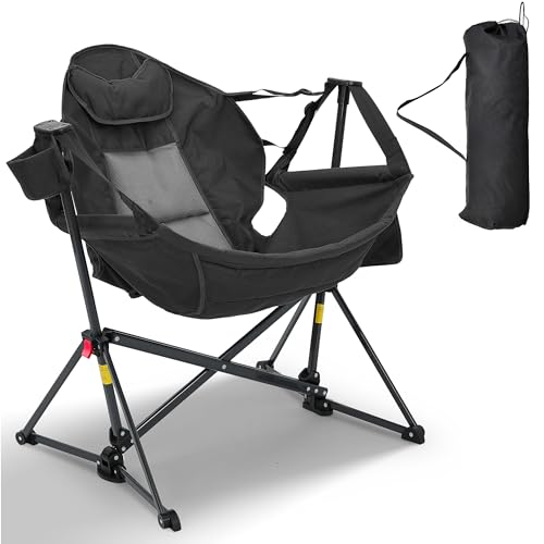 Ainfox Hammock Camping Chair, Foldable Portable Rocking Chairs for Adults Outside Swinging Camp with Cup Holder Pillow for Outdoor Patio Poolside (Black) - color: Black, size: Without Footrest