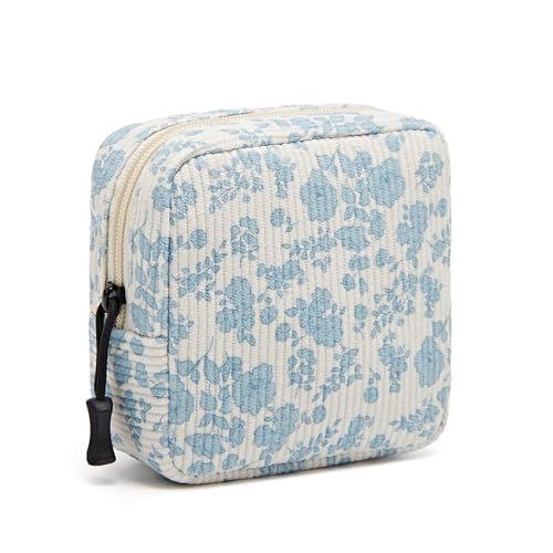 Small Makeup Bag for Purse,Mini Cosmetics Bag cute Zipper corduroy Cosmetic Pouch Storage Pouch Travel Toiletry Organizer for Women Girls(Plants Blue) - color: B-Blue Plants