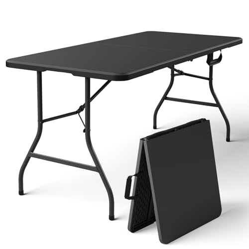 Folding Table 5FT Heavy Duty Plastic Table, Foldable&Portable, Fold-in-Half Utility Tables for Outdoor, Dining, Wedding, Events, Indoor, Picnic, Camping, Party, Black - color: Black, size: 5FT
