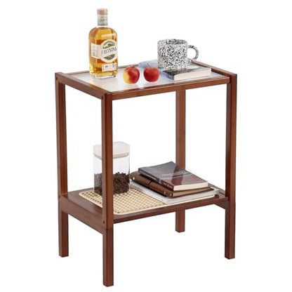 Tiita Rattan Side Table, Mid Century Nightstand, 2-Tier Bamboo Accent Bedside Tables, Glass Coffee Tables, Boho Wooden Narrow End Table with Storage for Small Space, Living Room and Bedroom - color: 2-tier-rattan-brwon