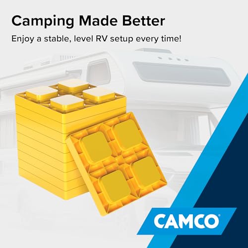 Camco RV Leveling Blocks - Features Interlocking Nested Design & Storage Bag for RV Storage and Organization - Each Leveling Block Measures 8.5" x 8.5" x 1" - 10-Pack, Design May Vary (44510) - size: 10-Pack, style: Leveling Block