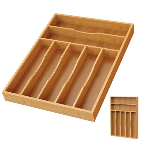 Bamboo Silverware Organizer, 12 Inch Bamboo Kitchen Drawer Cutlery Organizer, Utensil Holder, Flatware Organizer Tray (15.8"x11.9"x1.6") - size: Large