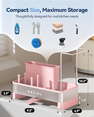 Nacial Sponge Holder for Kitchen Sink, Sink Caddy Organizer with High Brush Holder & Two Towel Racks - Rustproof 304 Stainless Steel Kitchen Countertop Storage Essentials - Pink - color: Pink Dahlia