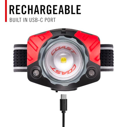 Coast® FL85R 1000 Lumen Tri-Color (White/Red/Green) Focusing Rechargeable LED Headlamp, Built-in Rechargeable Battery