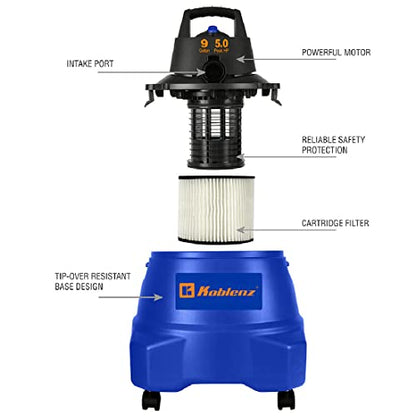 Koblenz WD-9 L212 Wet Dry Vacuum Cleaner, 9 Gallon, 5.0 PHP, 3-in-1 Suction & Blower, Big Vacuum Cleaners for Home, Heavy Duty Shop Vac, Click-N-Lock Hose, Swivel Casters, Black/Blues - size: 9 Gallon 5.0 HP