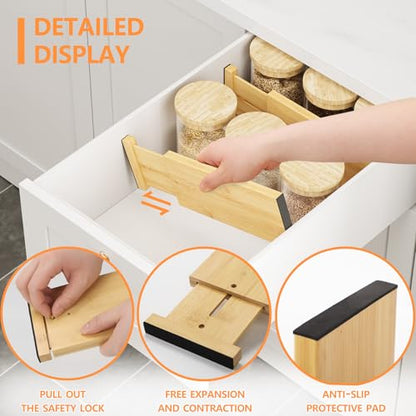 BAMEOS 4" High Bamboo Drawer Dividers - Adjustable Small Drawer Organizer - Kitchen, Dresser, Bathroom, Bedroom & Office - 4-pack - size: 4''H, 10''-12.28''L