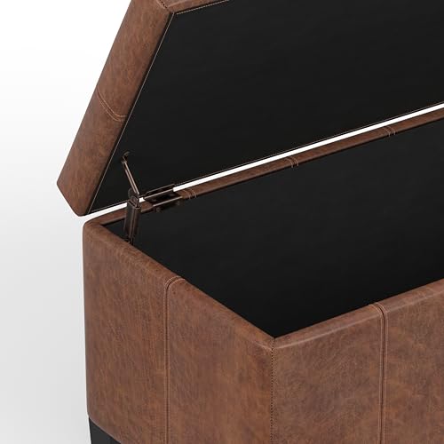 SIMPLIHOME Dover Storage Ottoman Bench - 36 inch Wide Upholstered Vegan Leather Rectangular Lift-Top Ottoman in Distressed Umber Brown, Contemporary Bench for Living Room with Safety Hinges - color: Distressed Umber Brown