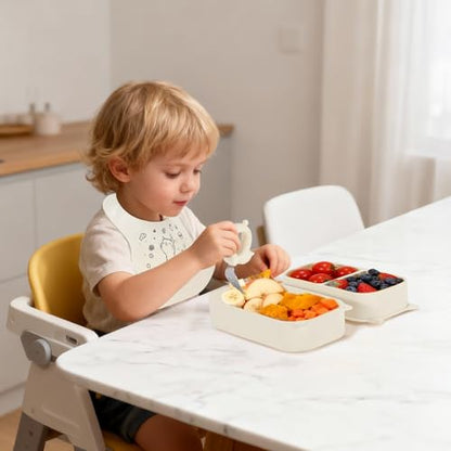 Baby Travel Essentials 6 Pc Feeding Set - Cute Cat Toddler Plates with Suction, 304 Stainless Steel Spoon & Fork, Foldable Silicone Bib in Travel Case - BPA-Free Airplane Travel Gear (Beige) - color: Beige