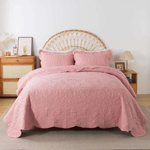 HoneiLife Queen Quilt Bedding Set - 3 Piece Microfiber Quilt Sets Lightweight Bedspreads Reversible Coverlets Rustic Bed Cover Floral Bedding Set All Season Quilts-Pink - color: Dusty Pink, size: Queen/Full-90"x96"