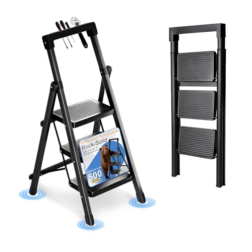 3 Step Ladder with Handrail Folding Step Stool with Tool Tray | 500LBS Capacity Sturdy Carbon Steel Frame Anti-Slip Stripe Pedal for Home Kitchen Garage (black-3step) - color: Black-tool, size: 3 step