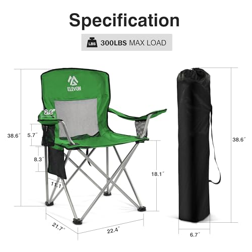 Elevon Camping Chair, Portable Folding Outdoor Chair with Arms, Cup Holder and Carry Bag - color: Green