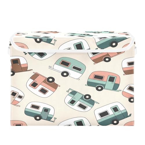 Retro Camper Trailers Storage Bins with Lids Foldable Storage Basket with Handles Collapsible Large Fabric Organizer Containers for Clothes Shelves Closet Office Home