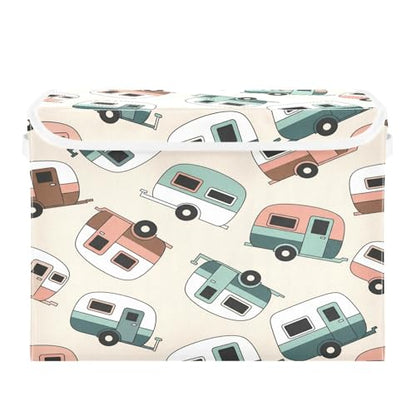 Retro Camper Trailers Storage Bins with Lids Foldable Storage Basket with Handles Collapsible Large Fabric Organizer Containers for Clothes Shelves Closet Office Home