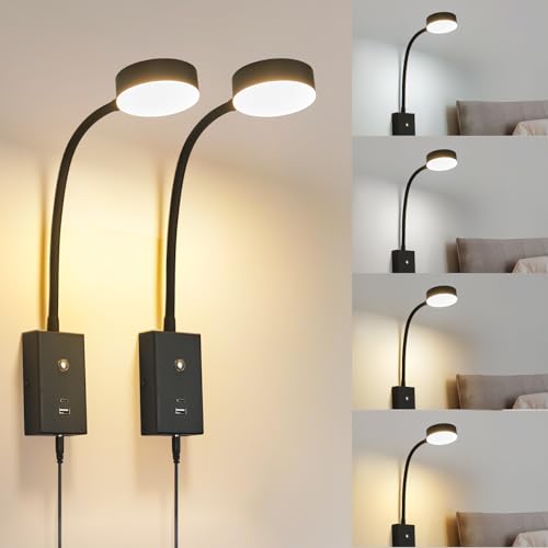 LED Wall Mounted Reading Light -2Pack | Flexible Gooseneck Touch Dimmable Bedside Lamp with USB-A/C Port - size: 2Pack