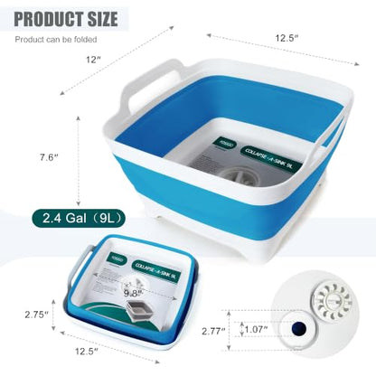 FOSJGO Collapsible Dish Basin with Drain Plug, 2.4 Gal (9L) Space-Saving Foldable Sink, Wash Basin for Kitchen, Baby Bottles, Vegetable Washing, Camping, RV and Party Beverage Tubs (Sky Blue) - color: Sky Blue