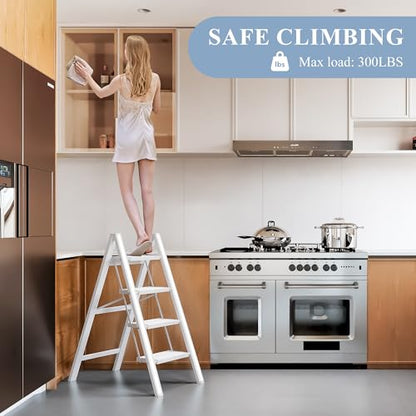 4 Step Ladder, Folding Step Stool with Wider Pedal, Anti-Slip Feet & Non Slip Stripes, Aluminum Sturdy Material, 300Lbs Capacity, Elegant Look of Modern White Better Matches Your Home - color: White, size: 4 Step