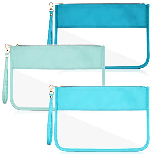 Sanwuta 3 Pcs Sunscreen Bag Clear Flat Zipper Pouch, Summer PVC Waterproof Zipper Makeup Bag Portable Organizer, Chenille Letter Snack Travel Cosmetic Tote Pouch Set for Beach Women Teacher Gift(Blue) - color: Blue